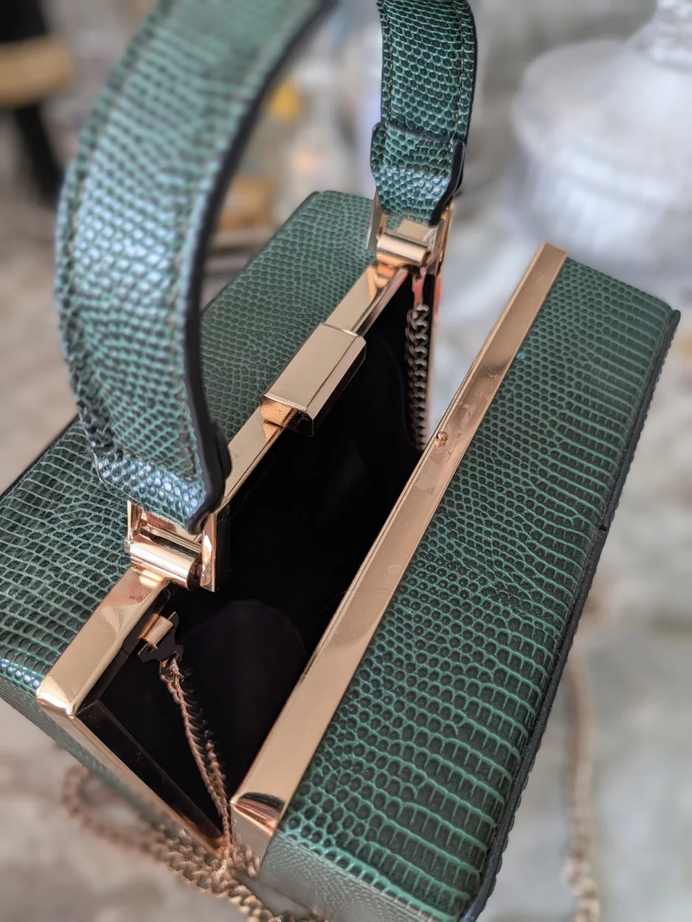 Topshop Dark Green Patchwork Box Satchel with Gold Chain